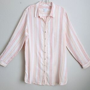 Antibes Blanc Shirt Top Women's Size Large  Stripe Linen Tunic Button Up